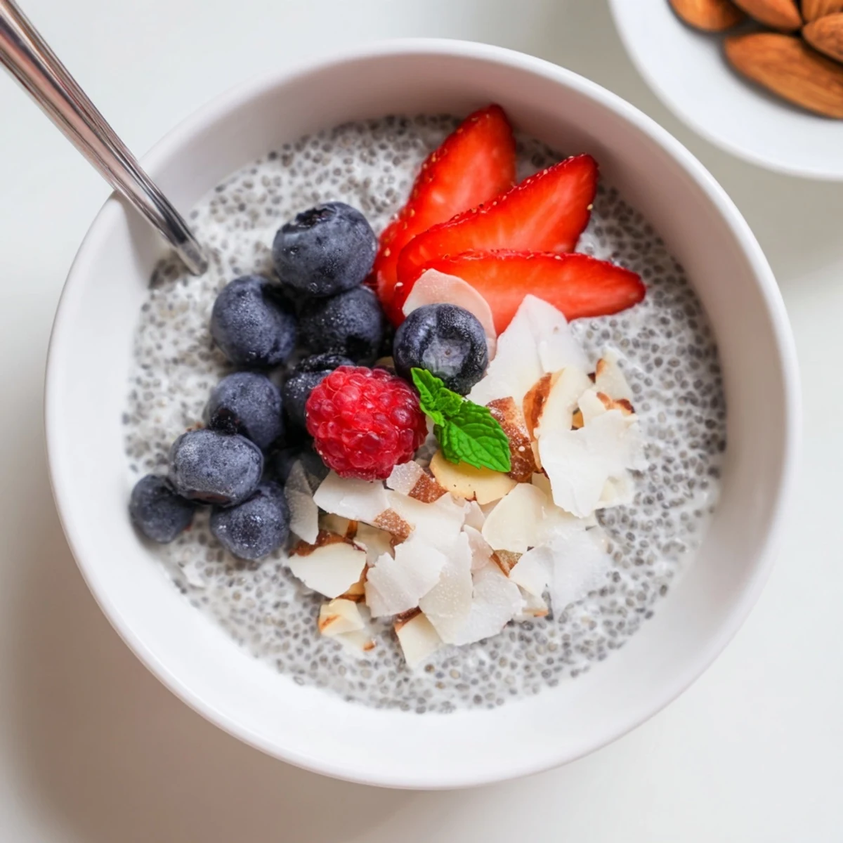 Chia Seed Pudding chilled in jars, velvety texture, garnished with mint