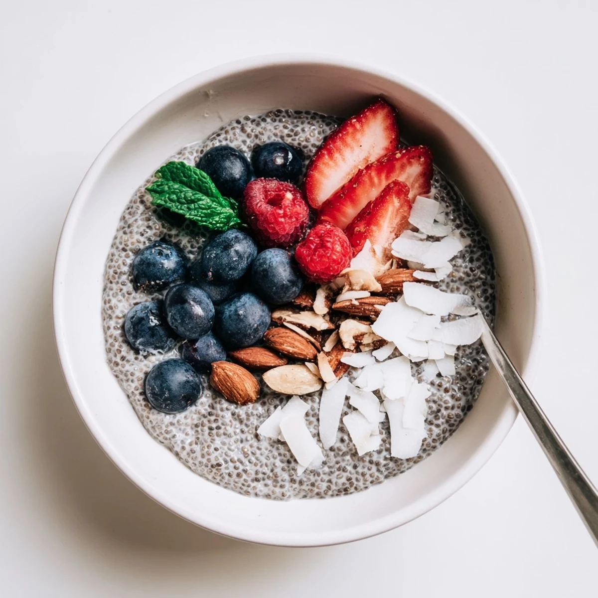 Creamy Chia Seed Pudding topped with fresh berries and chopped nuts