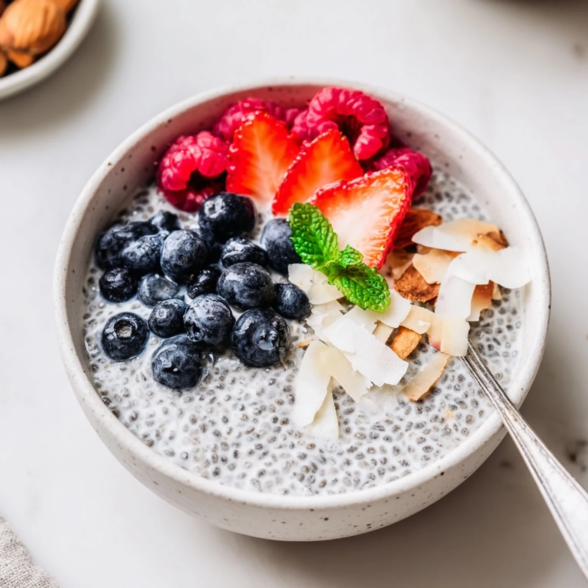 Silky vegan Chia Seed Pudding for breakfast, sweetened with maple syrup