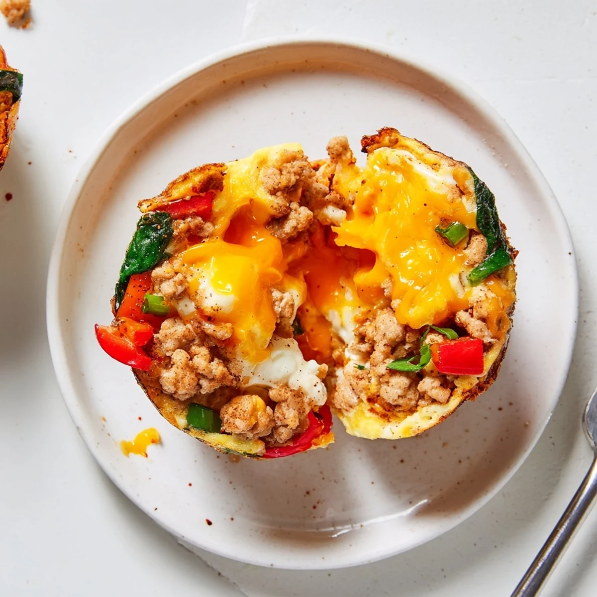 Meal-prepped Turkey Sausage Egg Muffins stacked in container, ready for busy mornings