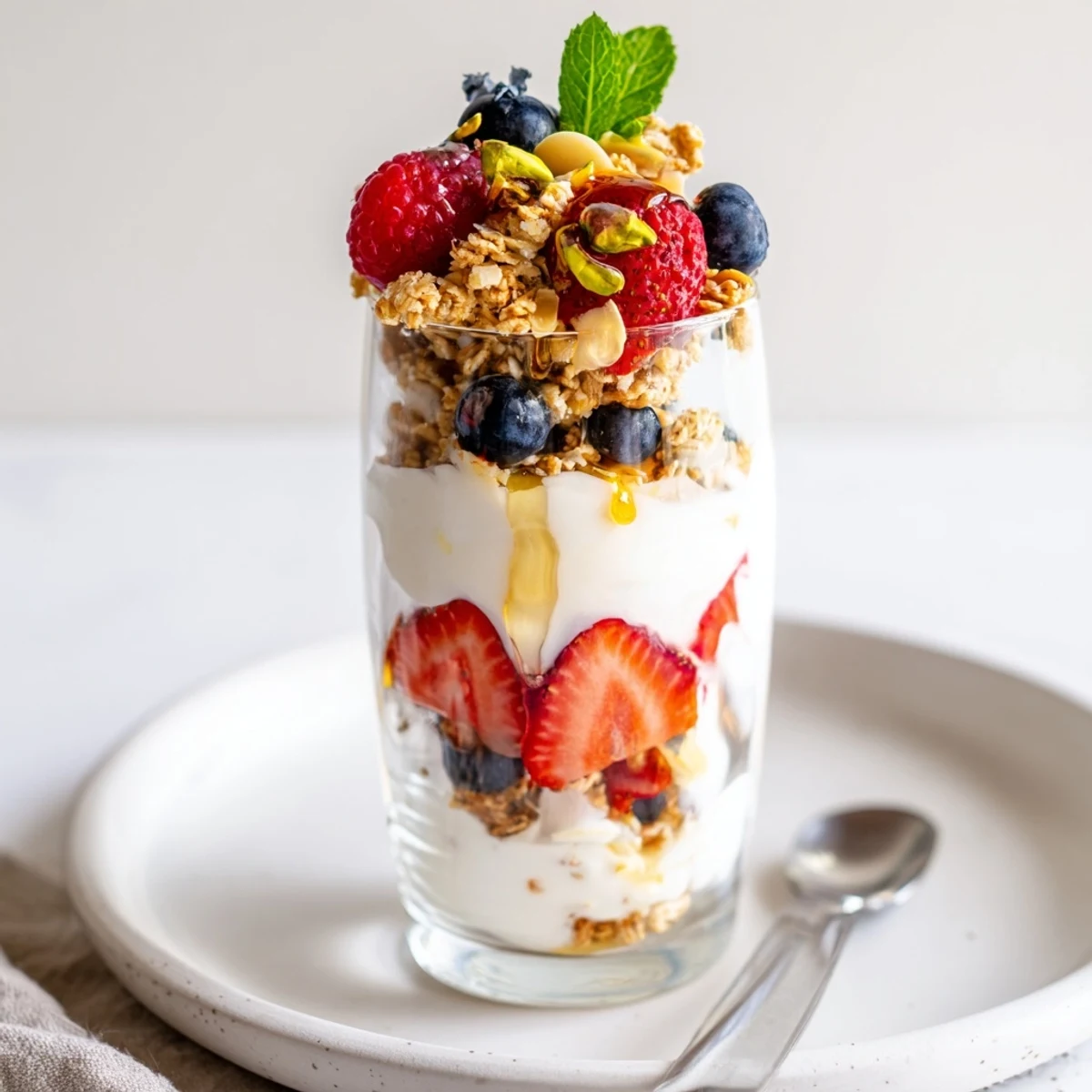 Greek Yogurt Parfait layered with creamy yogurt, vibrant berries, crunchy granola.