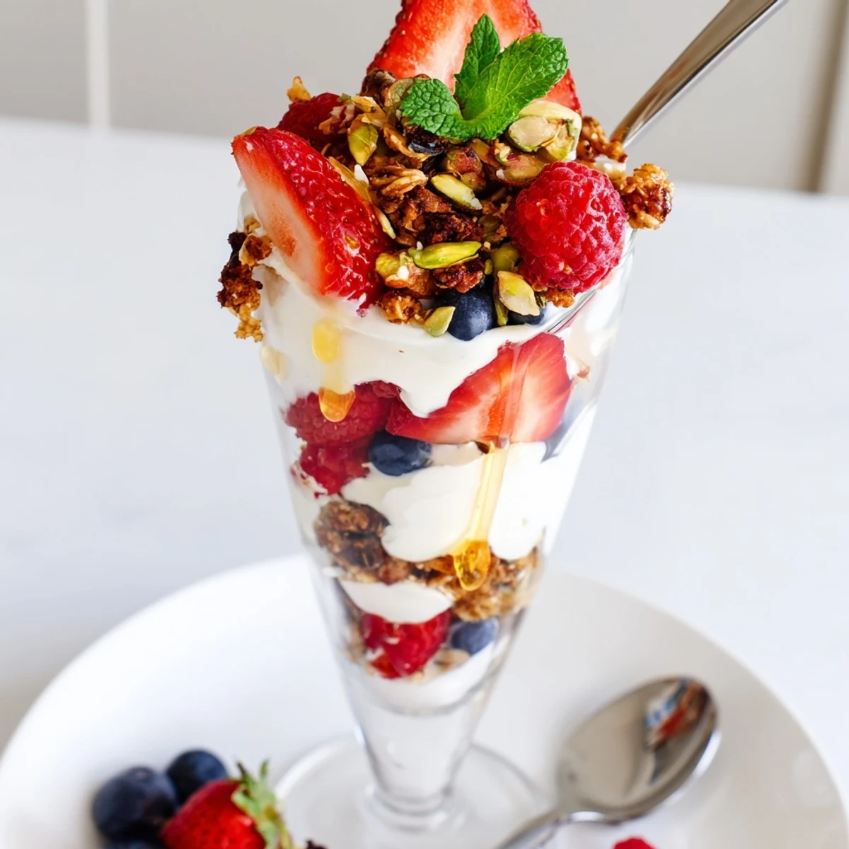 A chilled Greek Yogurt Parfait served in jars, topped with mint.