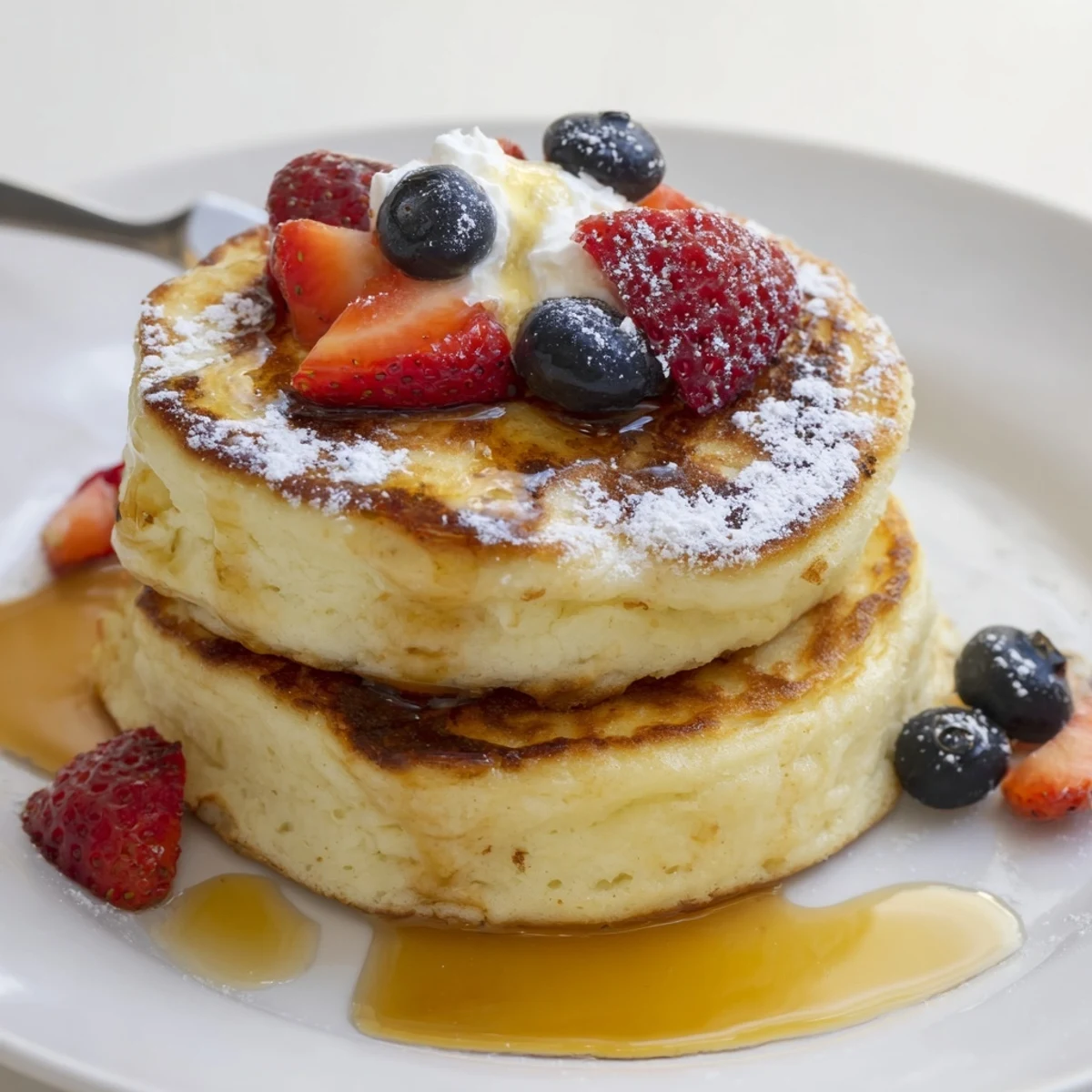 Cottage Cheese Pancakes stacked warm, golden edges, drizzled with maple syrup