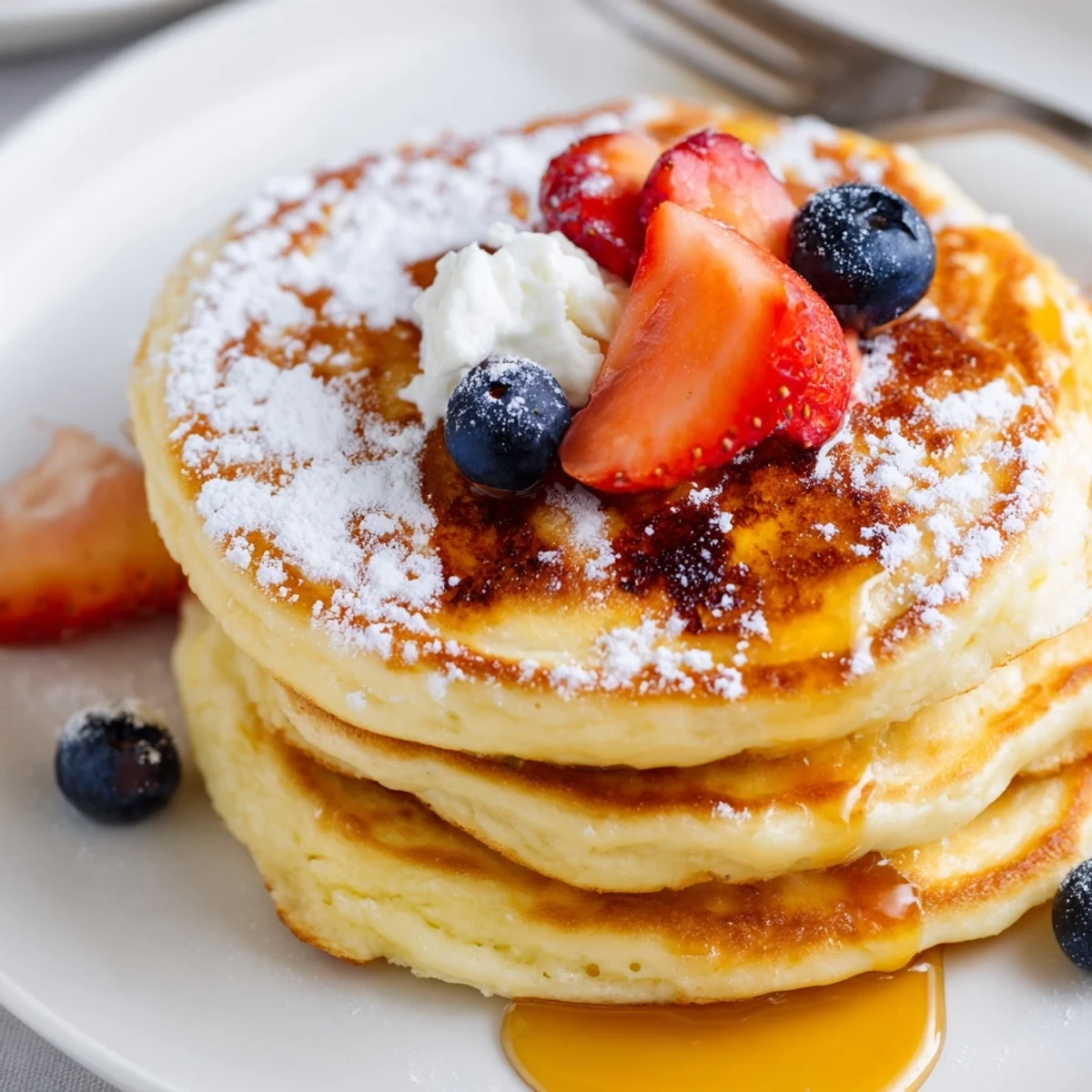 Fresh Cottage Cheese Pancakes on a plate with berries and creamy yogurt