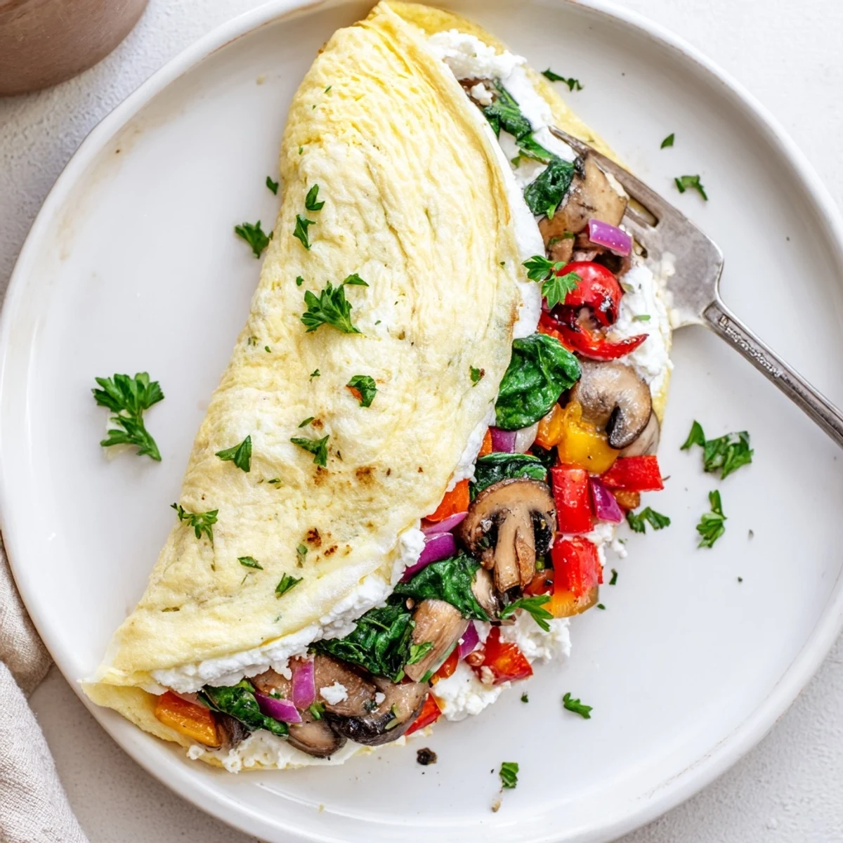 Egg White Omelette with Vegetables folding fluffy whites around sauteed peppers and spinach.