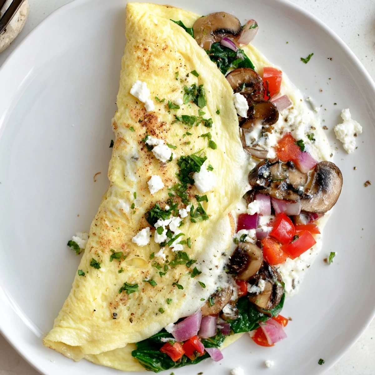 Sunlit plate of Egg White Omelette with Vegetables garnished with parsley and feta.