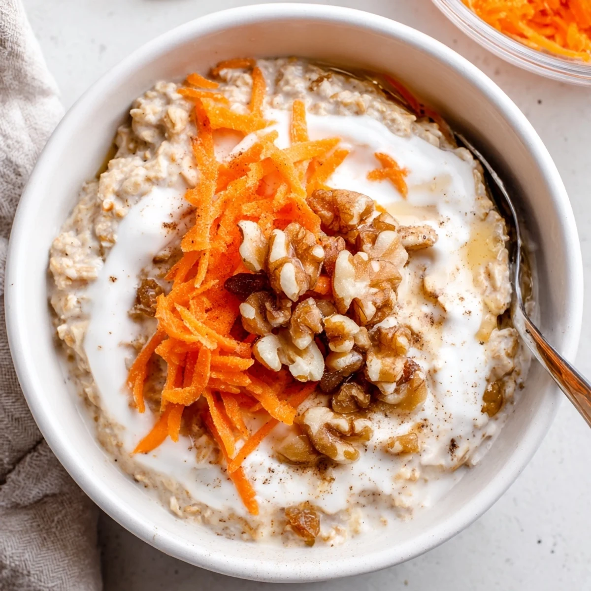 Creamy Carrot Cake Overnight Oats with grated carrot, walnuts, and warm cinnamon.