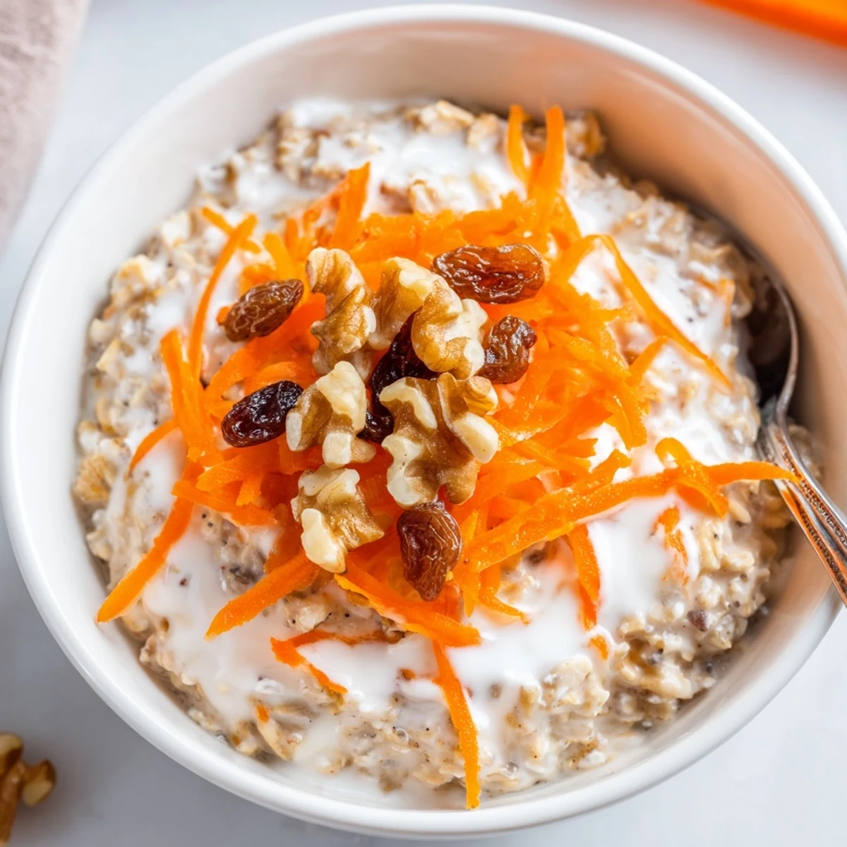 Mason jar Carrot Cake Overnight Oats chilling overnight, topped with maple and coconut.