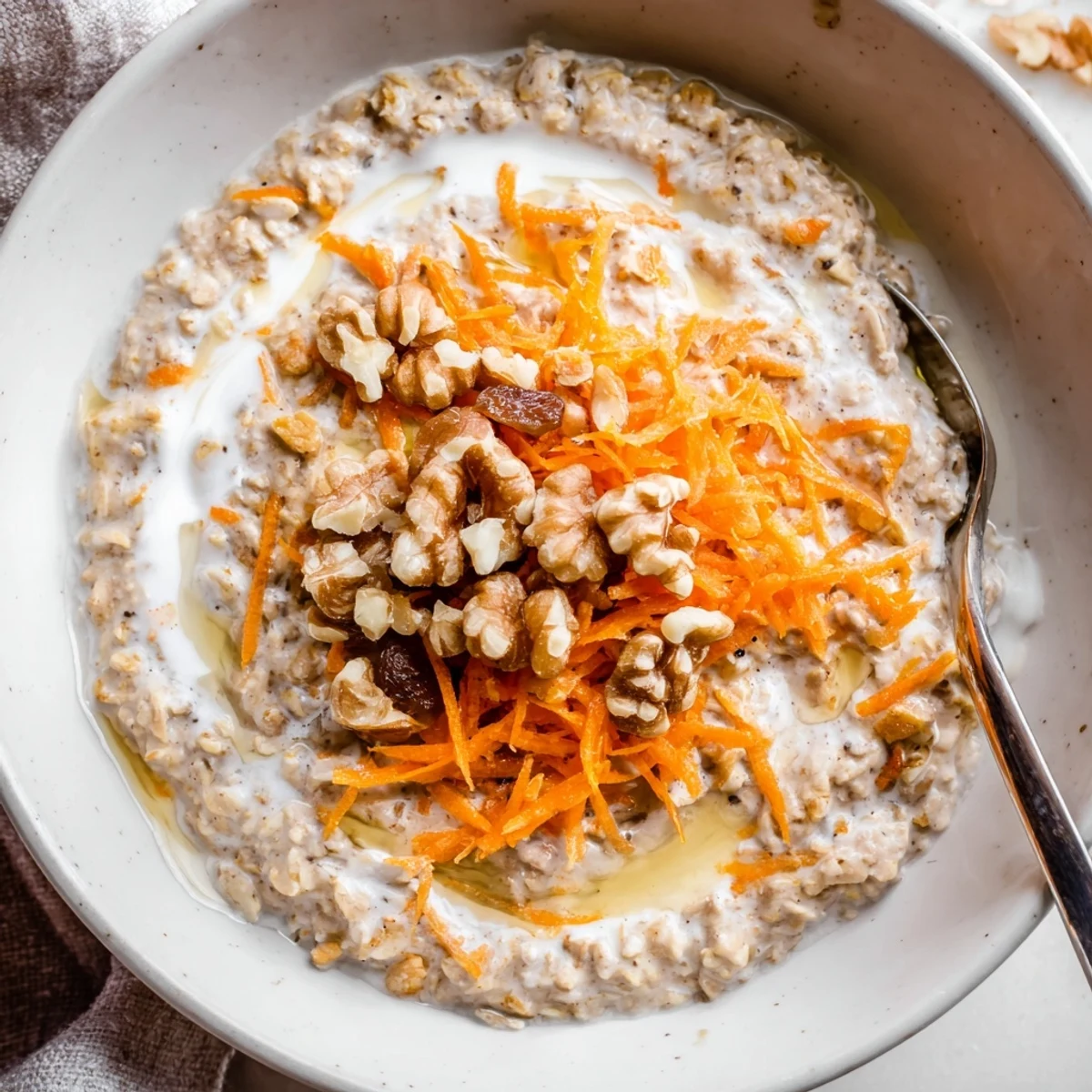 Spoon-ready Carrot Cake Overnight Oats, creamy yogurt base with raisins and nutty crunch.