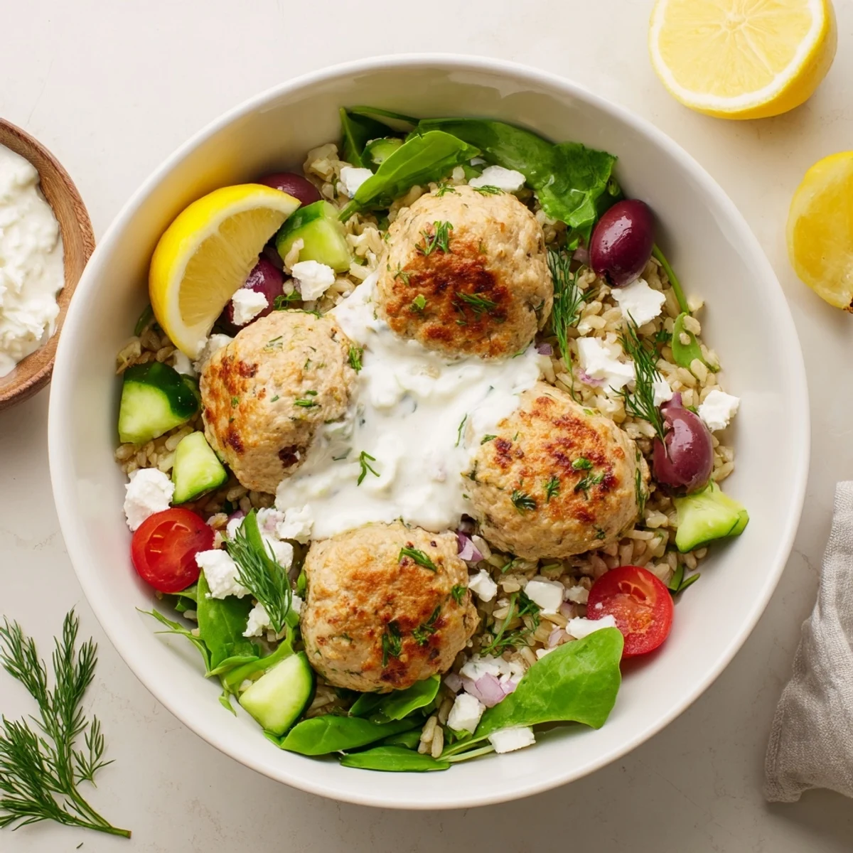 Bright herb-topped serving of Turkey Mediterranean Meatballs Bowl with crunchy cucumber.