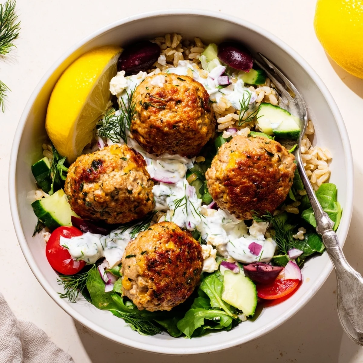 Warm savory dinner served with quinoa, greens, and Turkey Mediterranean Meatballs Bowl.
