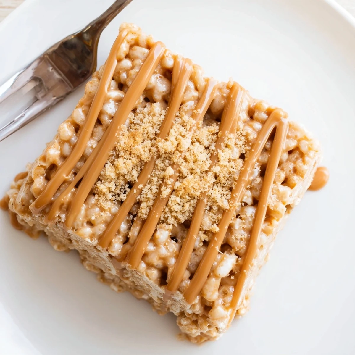 Biscoff Rice Krispie Treats with gooey marshmallow centers, drizzled cookie butter topping