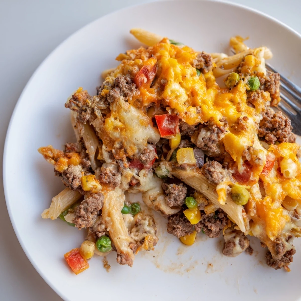 Hearty Cheesy Baked Casserole bubbling golden, melted cheese and savory meat