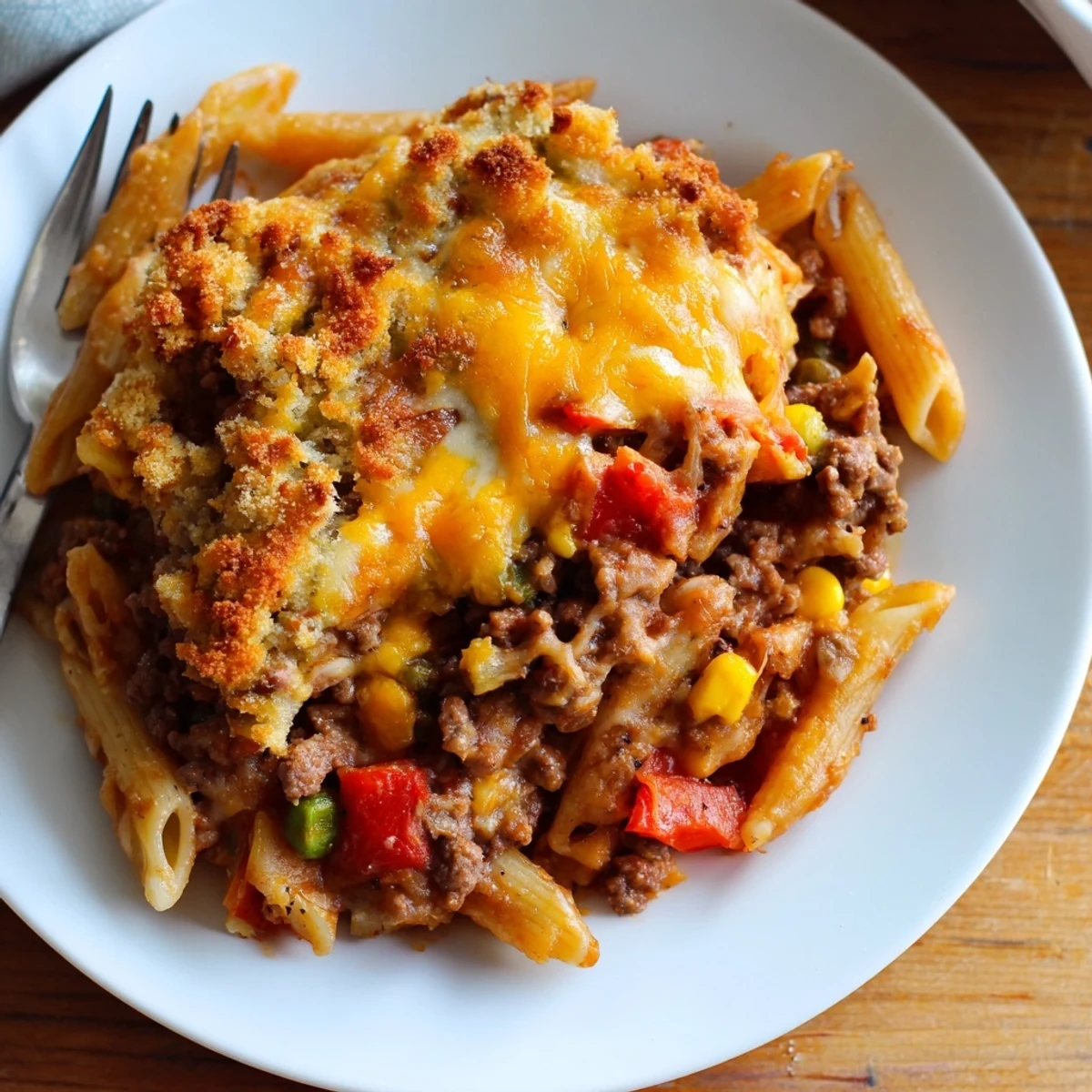 Sliced Hearty Cheesy Baked Casserole served with crusty bread and salad