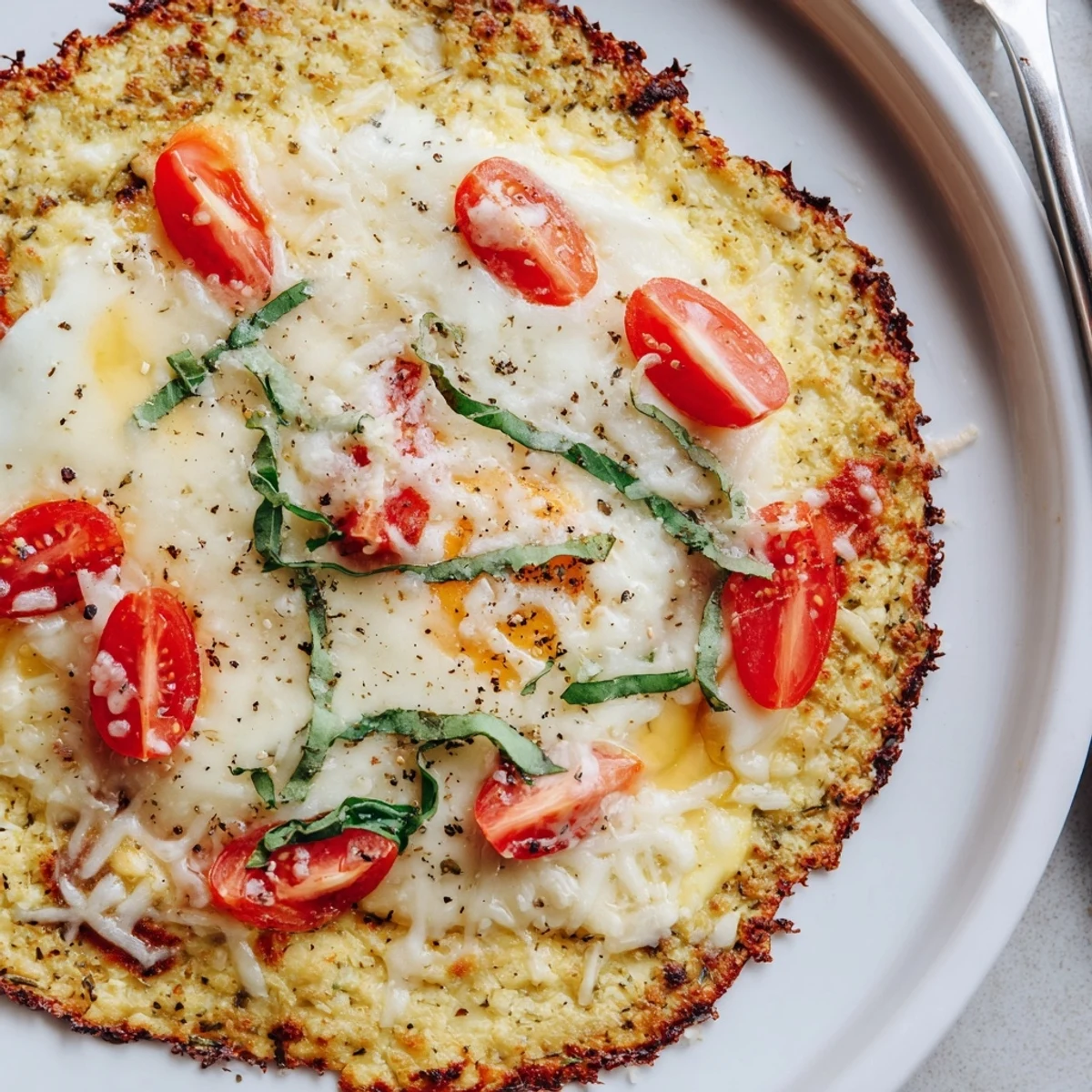 Stone Baked Cheesy Cauliflower Keto Pizza with bubbling mozzarella and golden crust