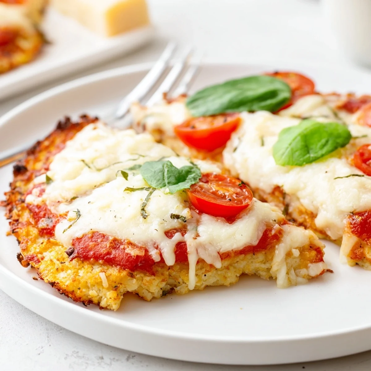 A slice of Stone Baked Cheesy Cauliflower Keto Pizza steaming on parchment