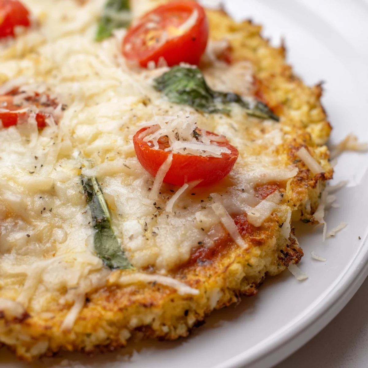 Stone Baked Cheesy Cauliflower Keto Pizza topped with basil, cherry tomatoes, crisp edges