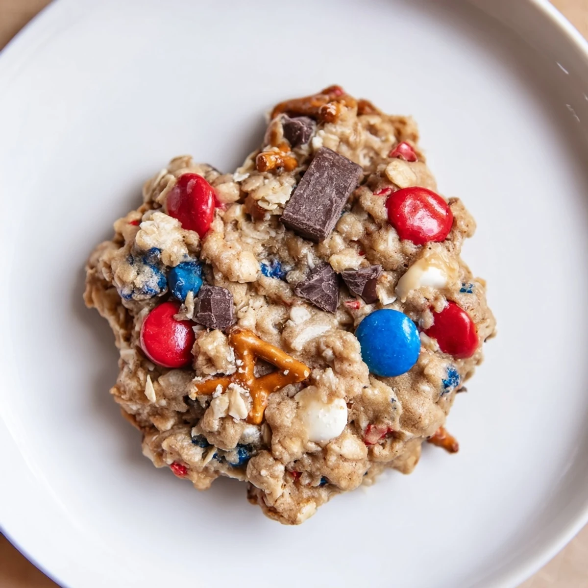 Warm Patriotic Monster Cookies Recipe on a cooling rack, chewy oats visible