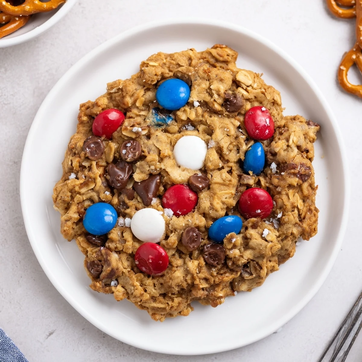 Plate of freshly baked Patriotic Monster Cookies Recipe with melty chocolate chips