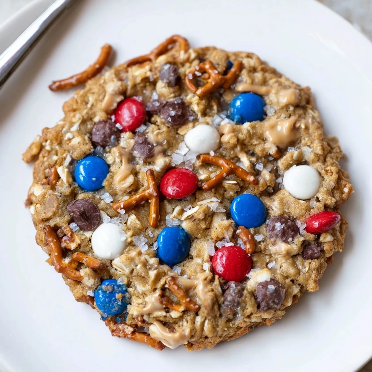 Close-up of crunchy edges and red, white, blue candies in Patriotic Monster Cookies Recipe