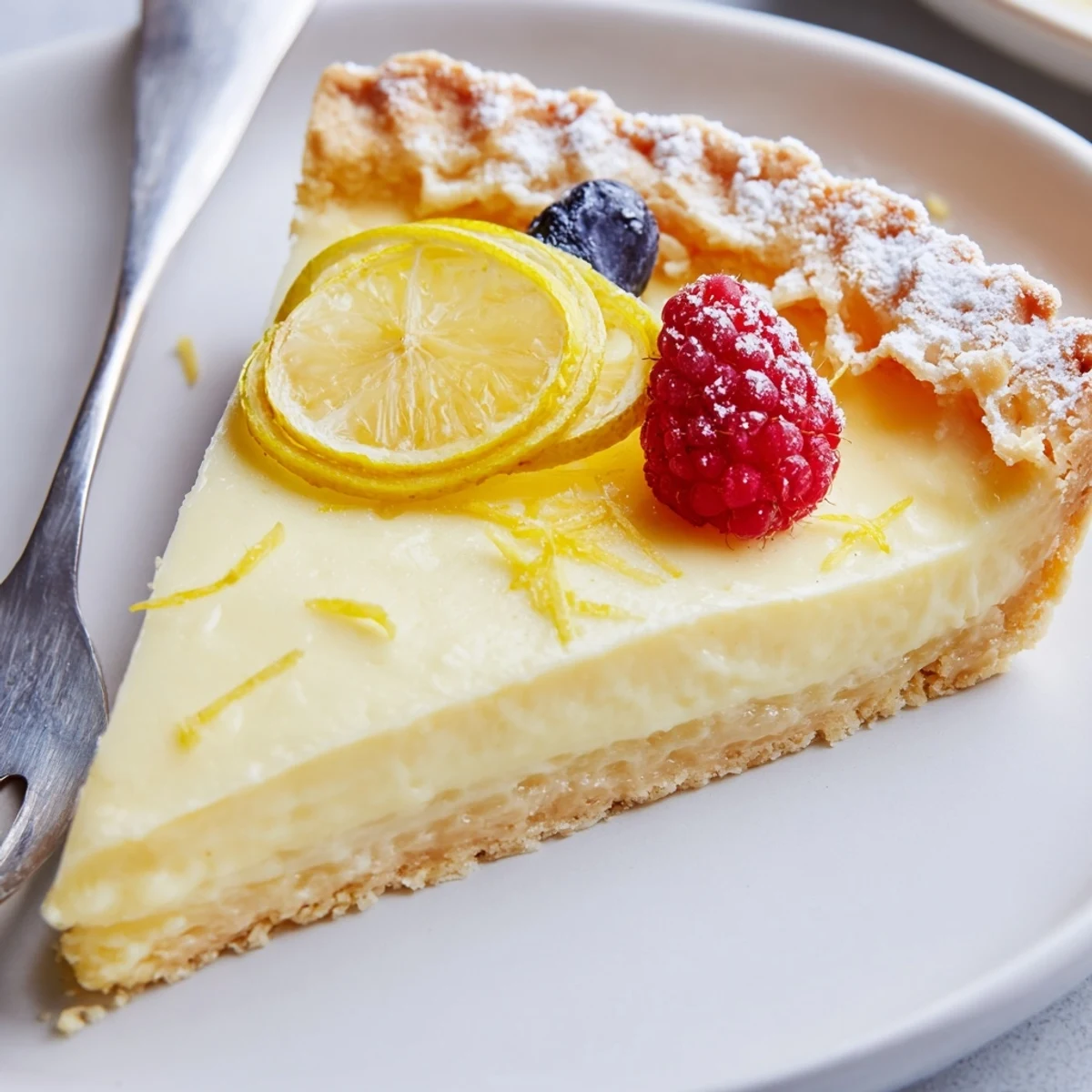 Creamy Lemon Tart Recipe with silky filling, golden crust, powdered sugar dusting