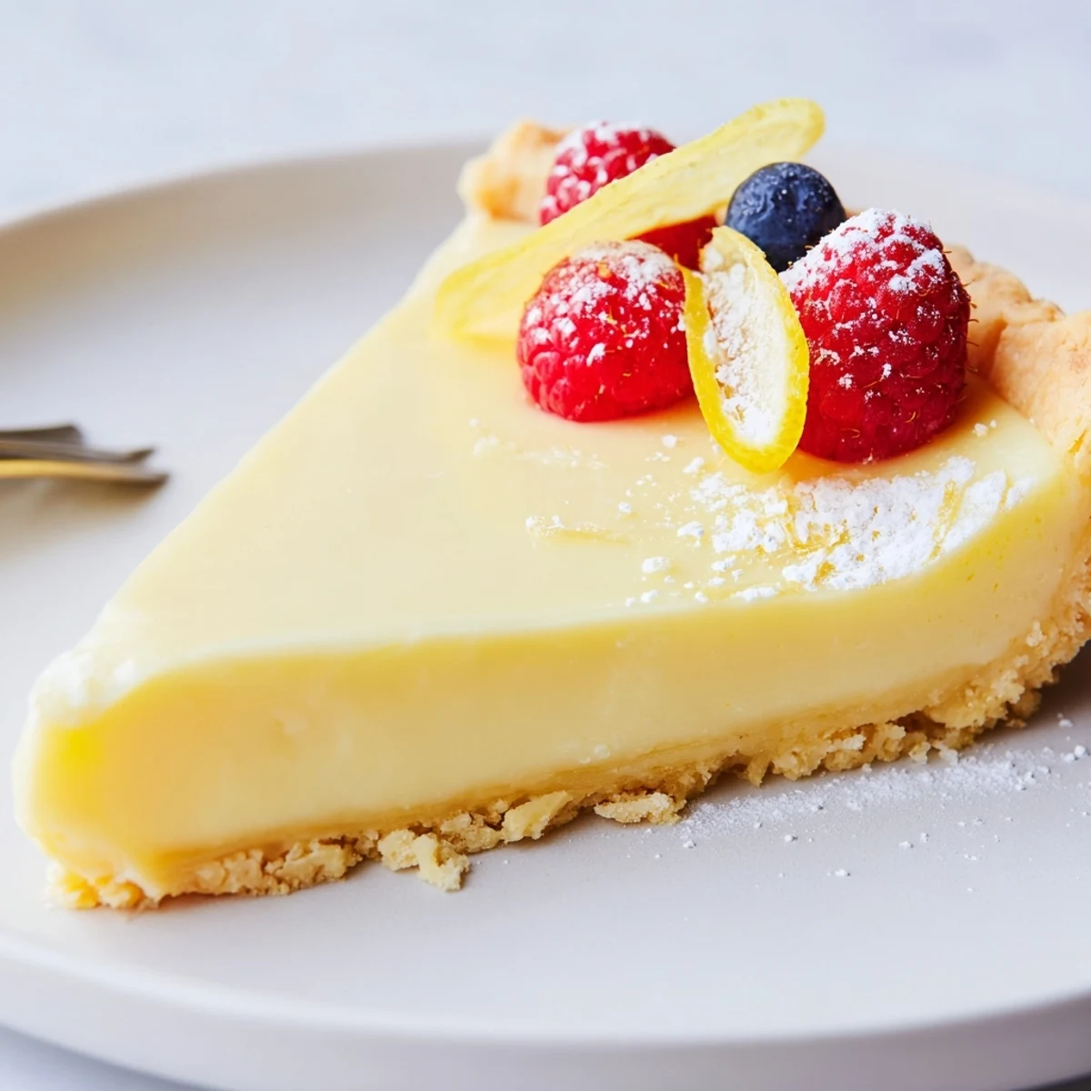 Serve Creamy Lemon Tart Recipe chilled, bright lemon aroma, fresh berries garnish