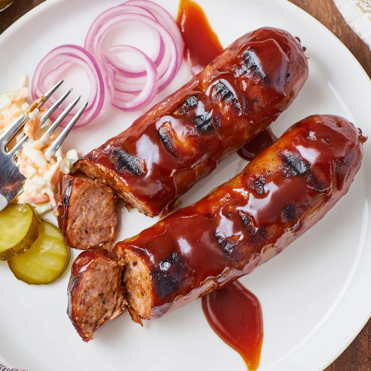 BBQ Sausage Recipe sizzling on grill, glazed with caramelized tangy barbecue sauce
