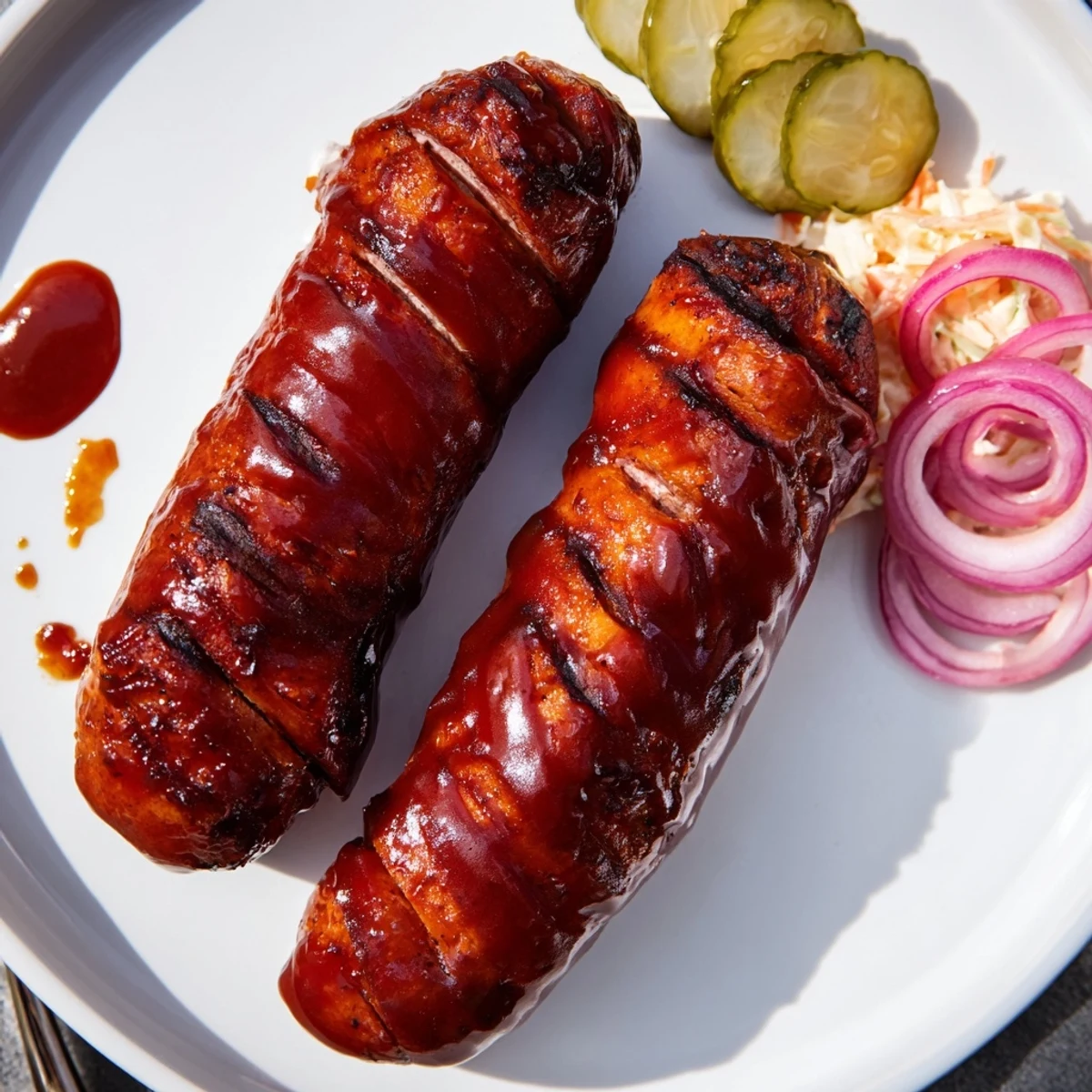 Grilled BBQ Sausage Recipe served in toasted buns with pickles and coleslaw