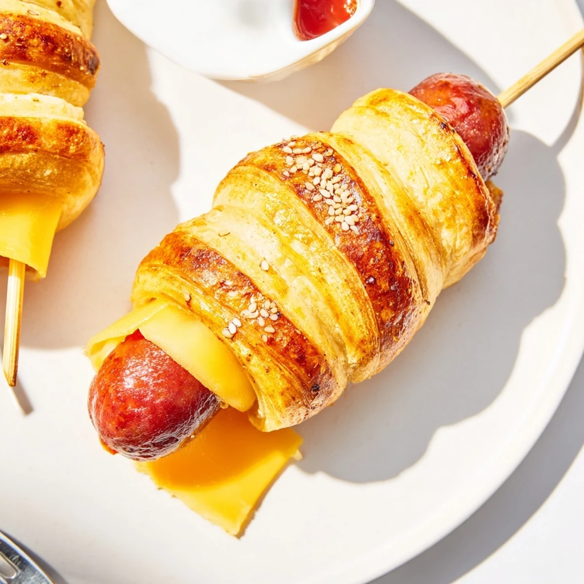 Golden, butter-brushed Firecracker Hot Dogs Recipe on parchment, steaming and ready