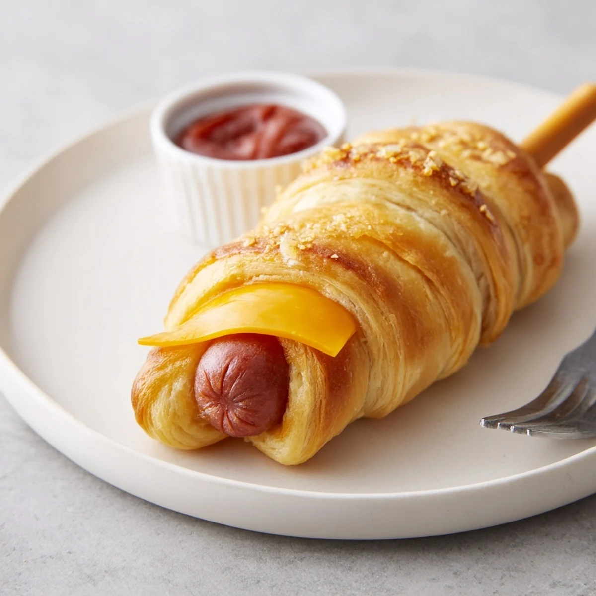 Cheesy, spiral-wrapped Firecracker Hot Dogs Recipe served warm with ketchup and mustard