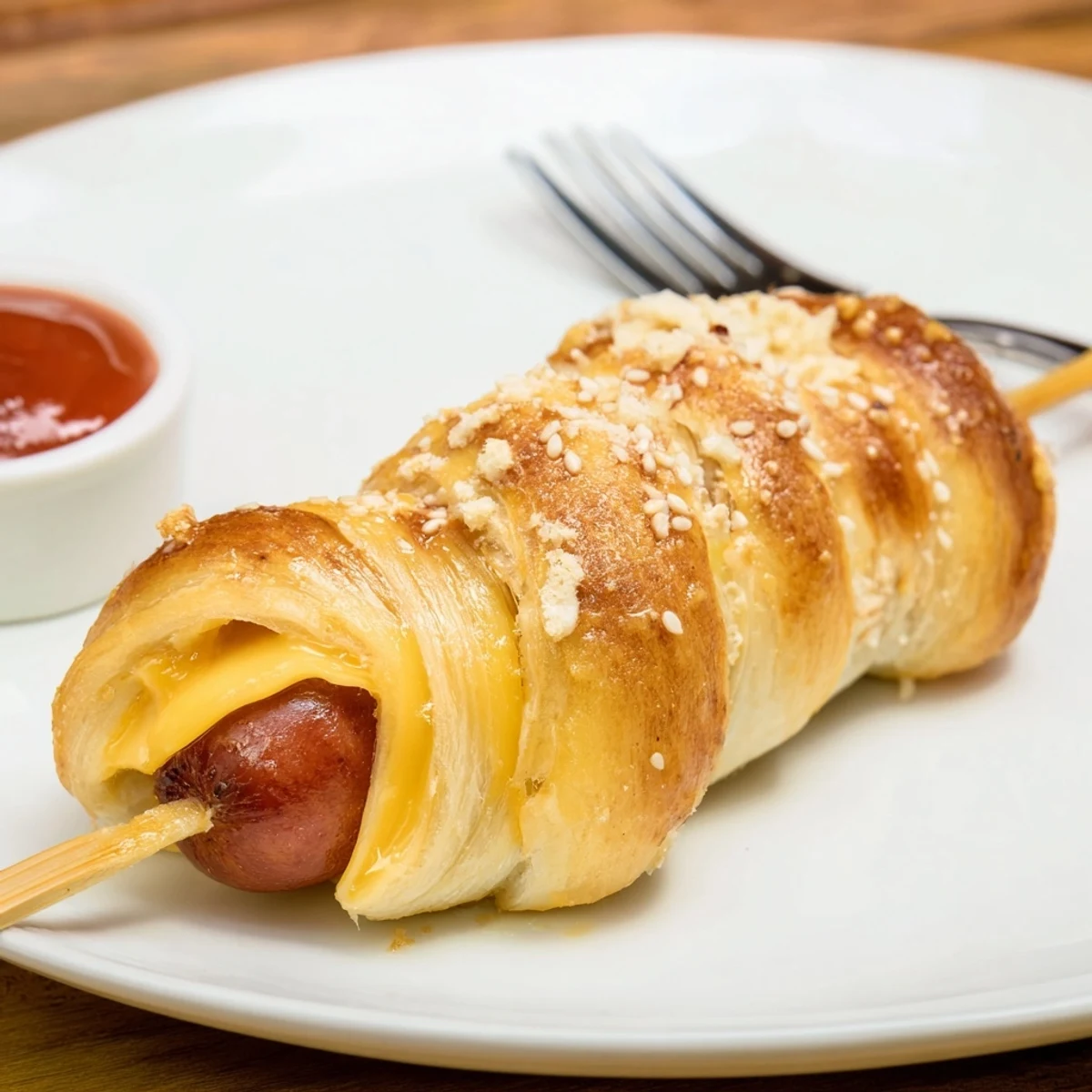 Crispy crescent-dough Firecracker Hot Dogs Recipe skewered for Fourth of July parties
