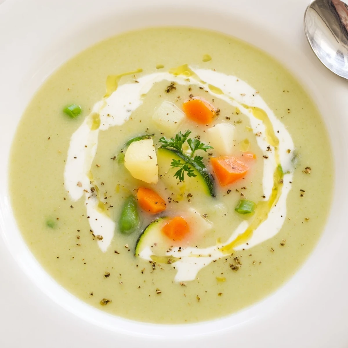Aromatic broth and tender veggies in this Creamy Vegetable Soup Recipe, garnished with parsley.