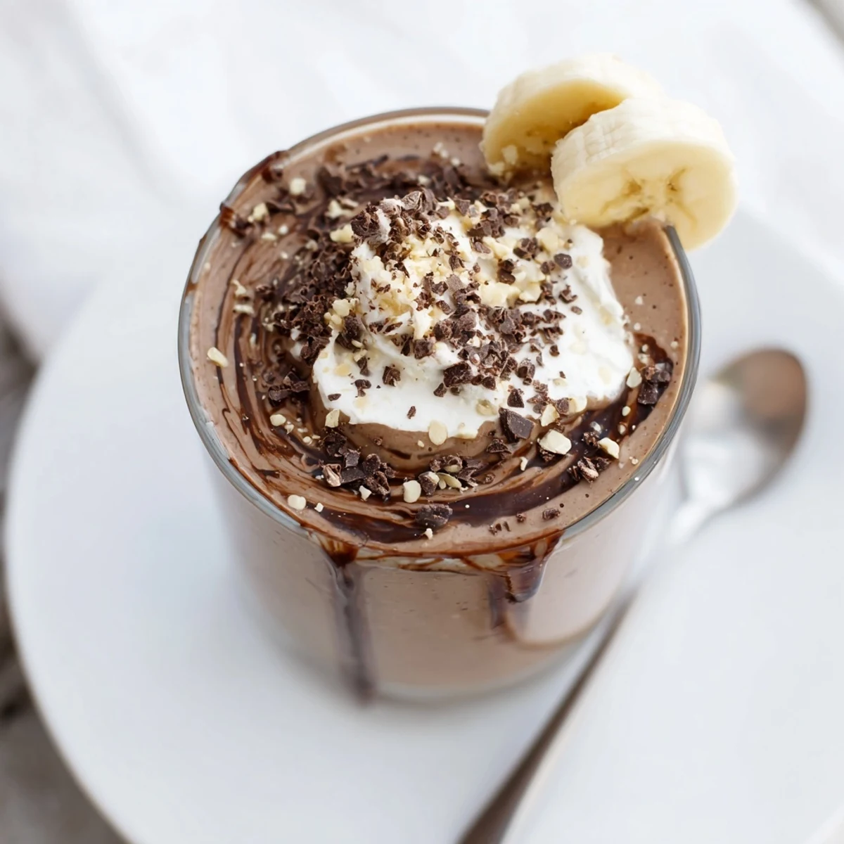 Creamy Chocolate Peanut Butter Smoothie in glass, topped with whipped cream