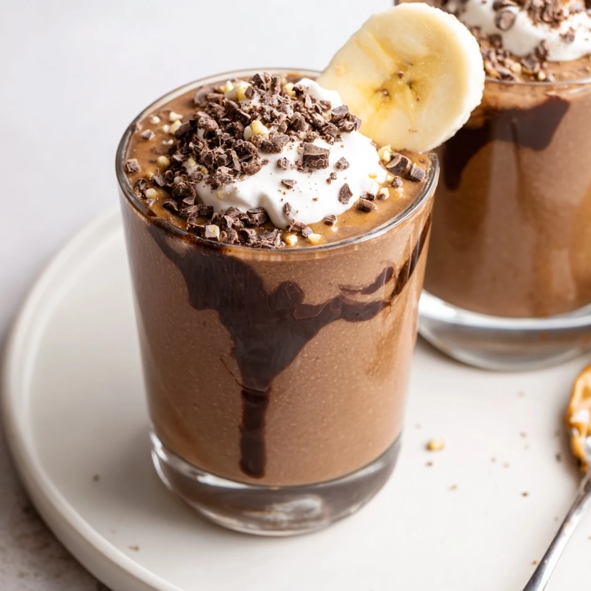 Frosty Chocolate Peanut Butter Smoothie poured over ice, banana sweetness and peanut aroma