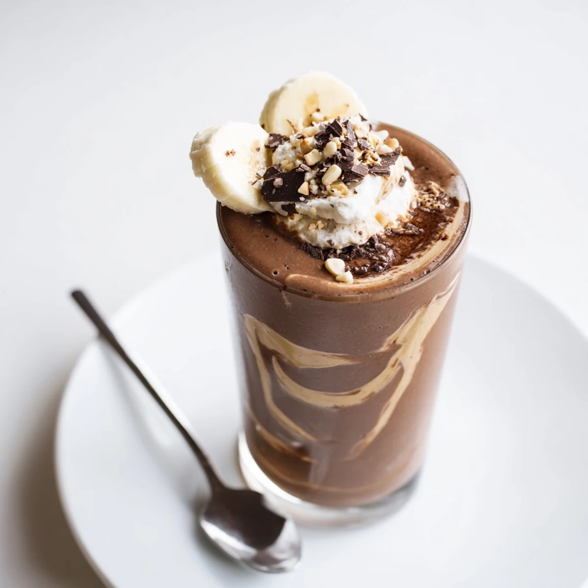 Thick Chocolate Peanut Butter Smoothie swirled with chocolate shavings and crushed peanuts