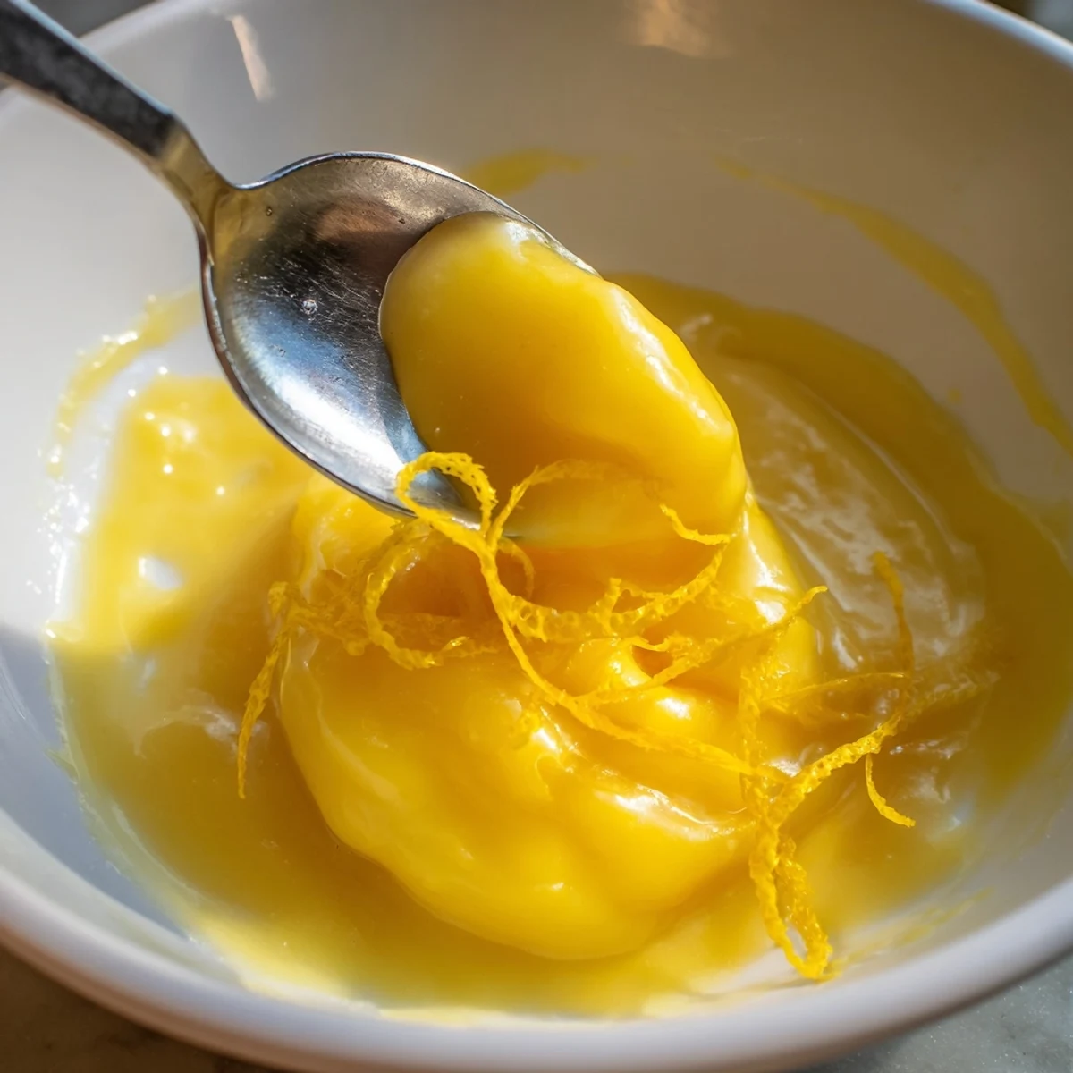 Lemon Curd Recipe: glossy golden curd spooned into jar, bright citrus aroma