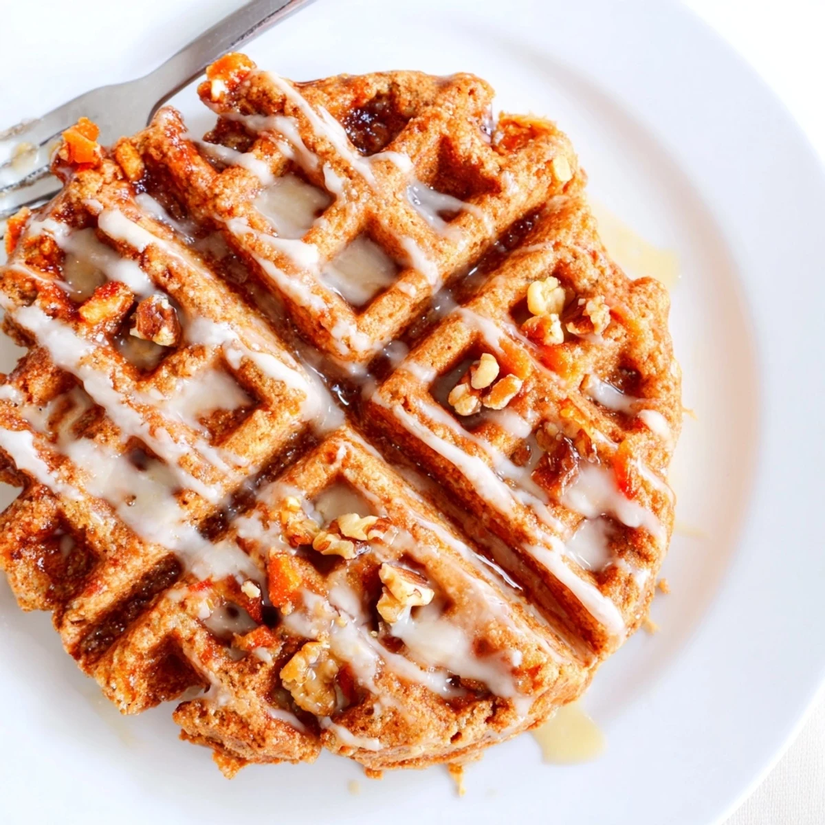 Carrot Cake Waffles steaming on plate, warm cinnamon aroma, cream cheese glaze.