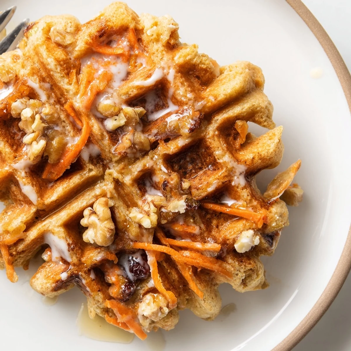 Stack of Carrot Cake Waffles topped with chopped pecans and maple syrup.