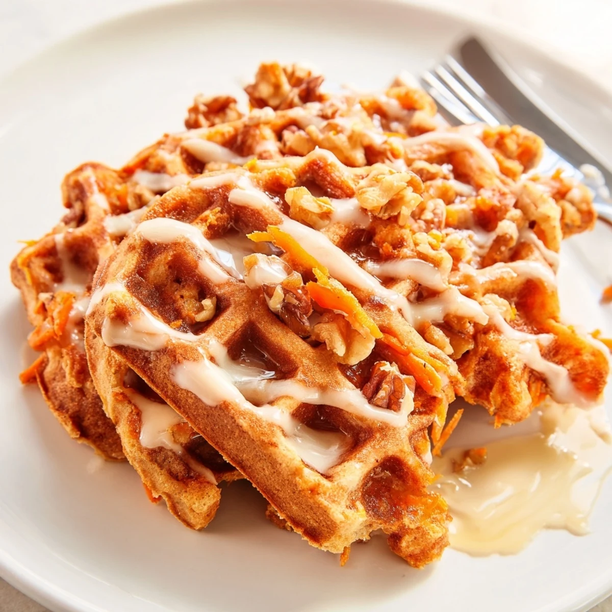 Golden Carrot Cake Waffles crisp edges, grated carrots visible, brunch-ready.
