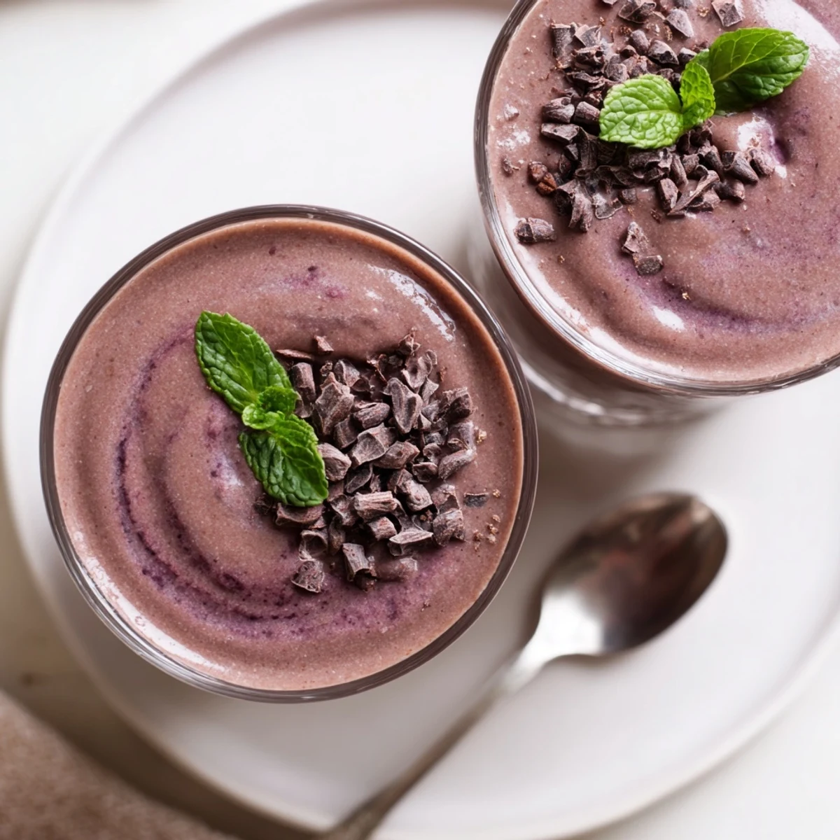 Velvety Chocolate Beet Smoothie in a chilled glass with cacao nib garnish