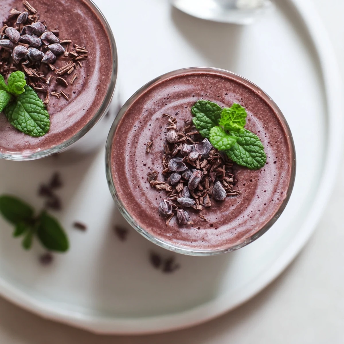Creamy Chocolate Beet Smoothie poured from blender into two waiting glasses