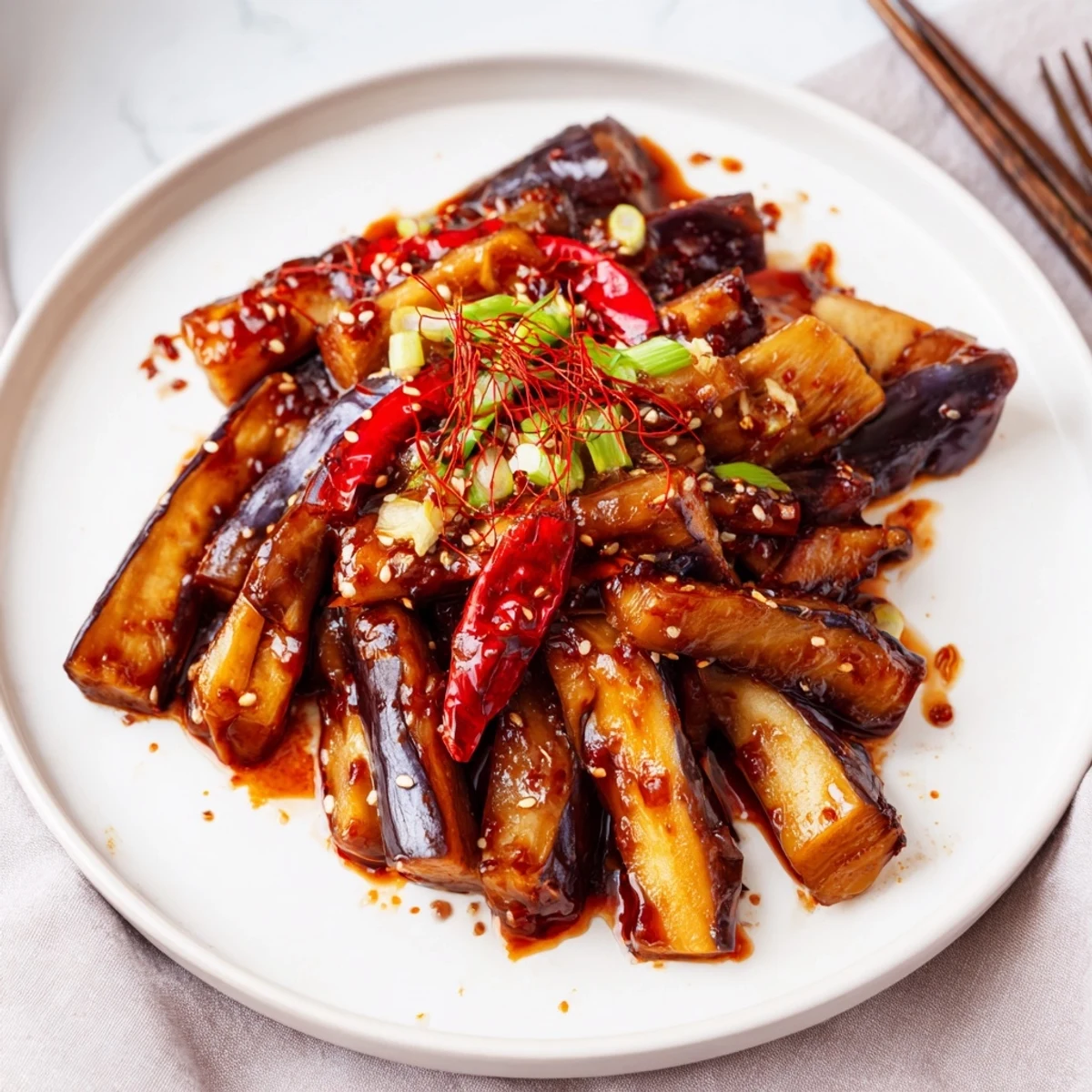 Wok-tossed Sichuan Style Braised Aubergines coated in glossy, numbing chili sauce.