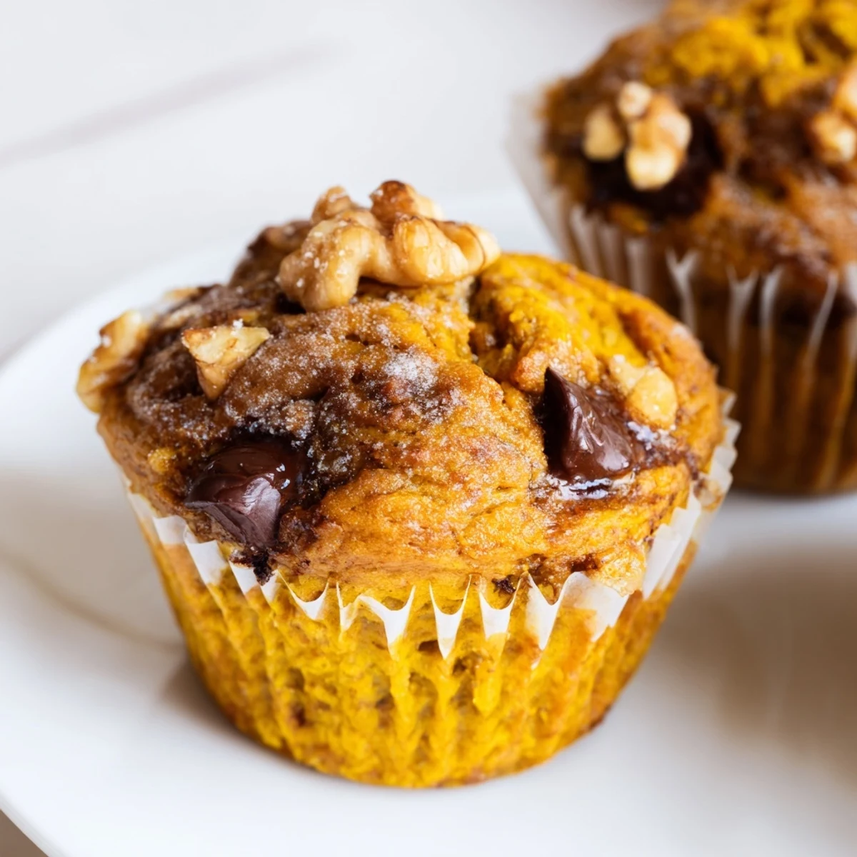 Close-up of halved Pumpkin Banana Muffins showing moist crumb and walnut pieces