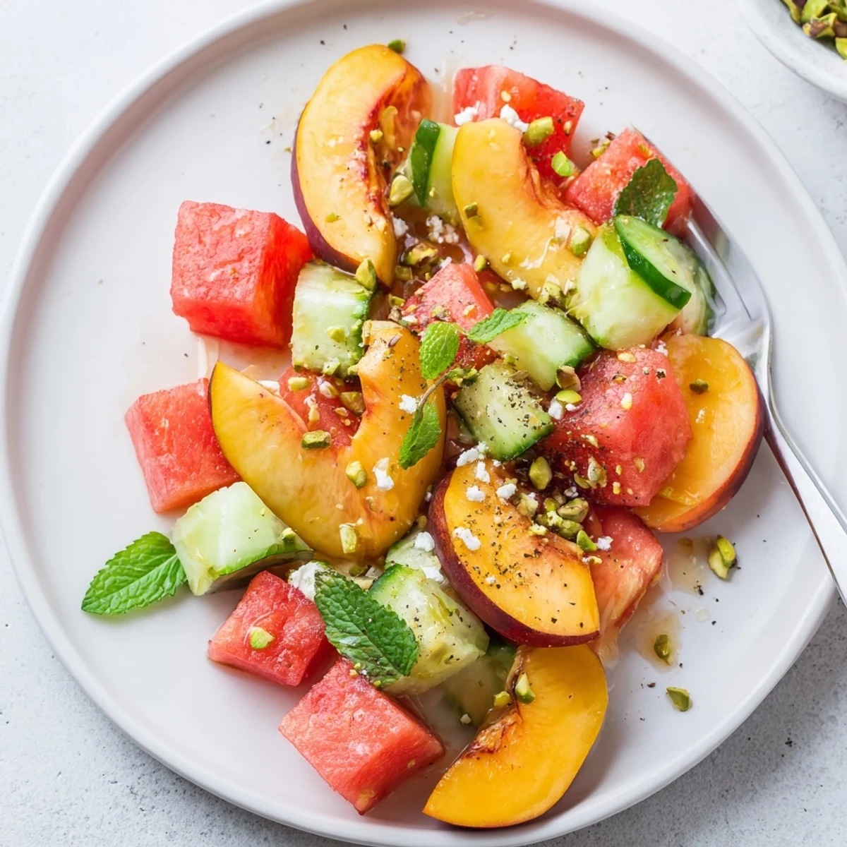 Summer Peach Watermelon Salad glistening with honey-lime dressing, mint, feta garnish