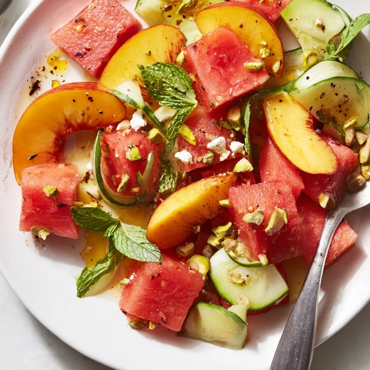 Vibrant Summer Peach Watermelon Salad tossed with cucumber, basil, zesty lime
