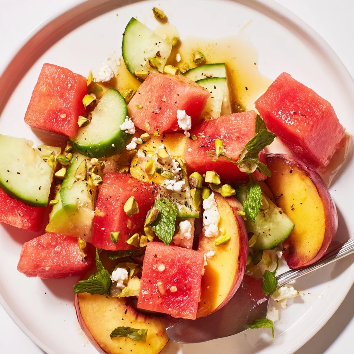 Bright Summer Peach Watermelon Salad served on platter, chilled, sprinkled pistachios