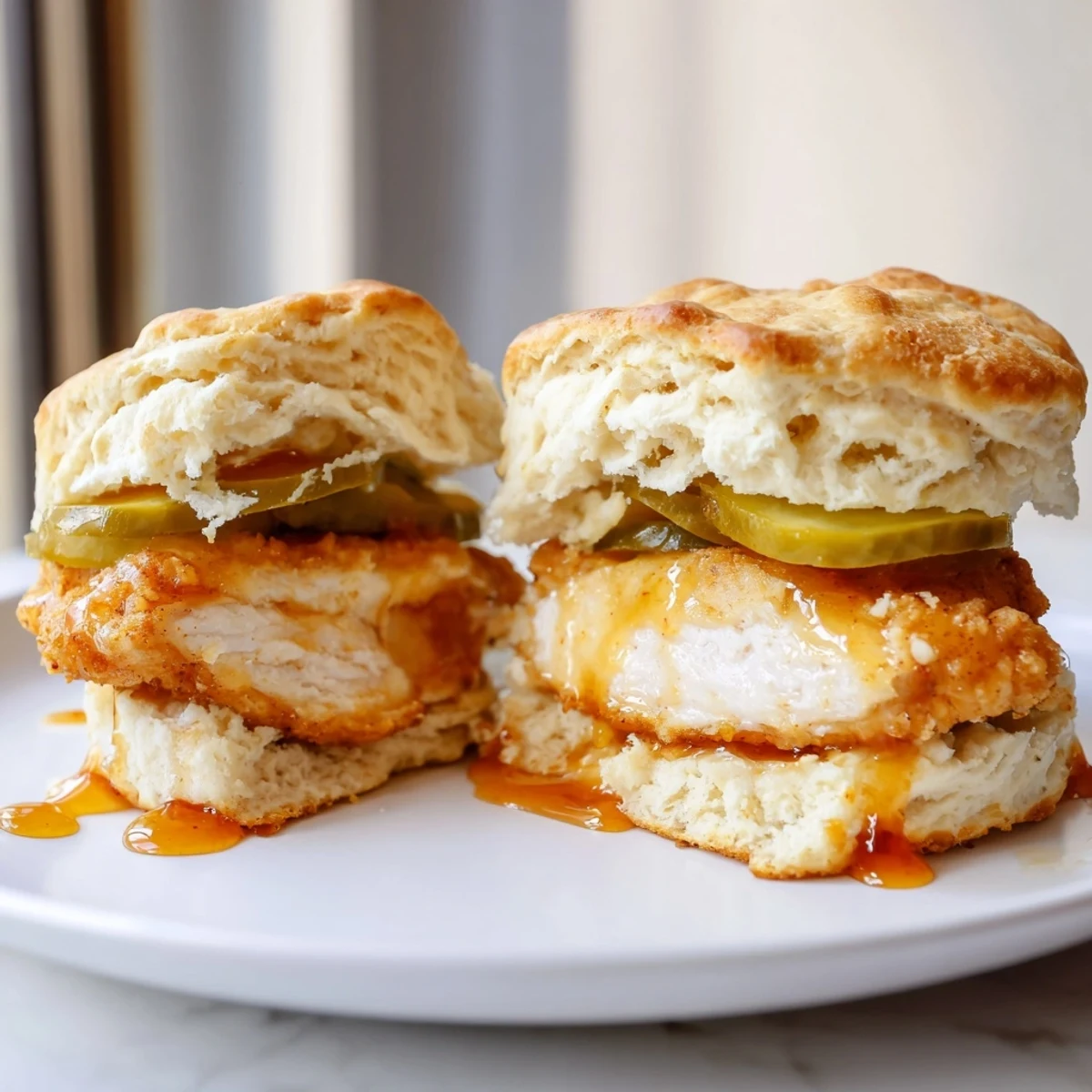 Hot Honey Chicken Biscuits with golden fried chicken, sticky honey drizzle, pickles