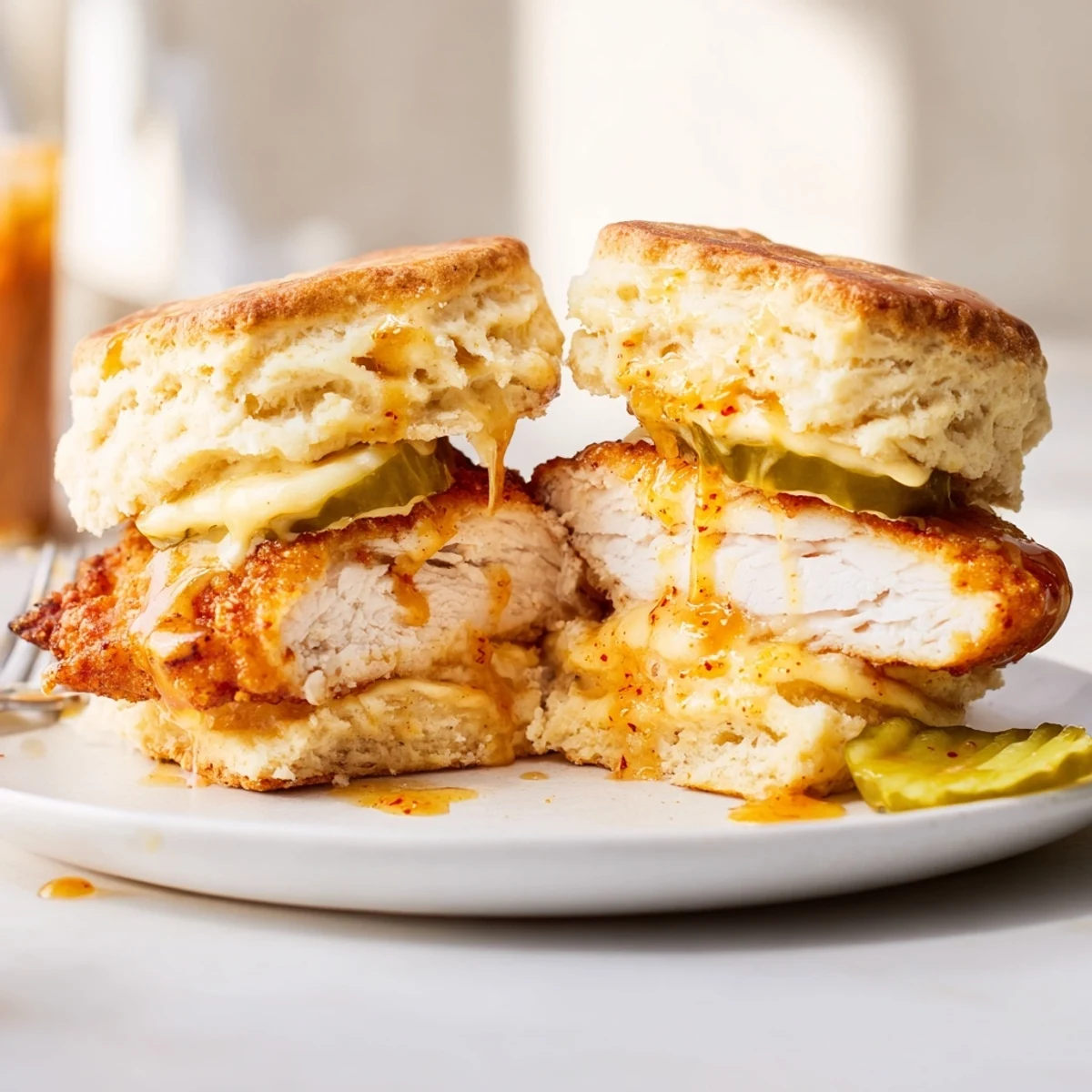 Crispy Hot Honey Chicken Biscuits served hot for brunch, drizzled with red pepper honey
