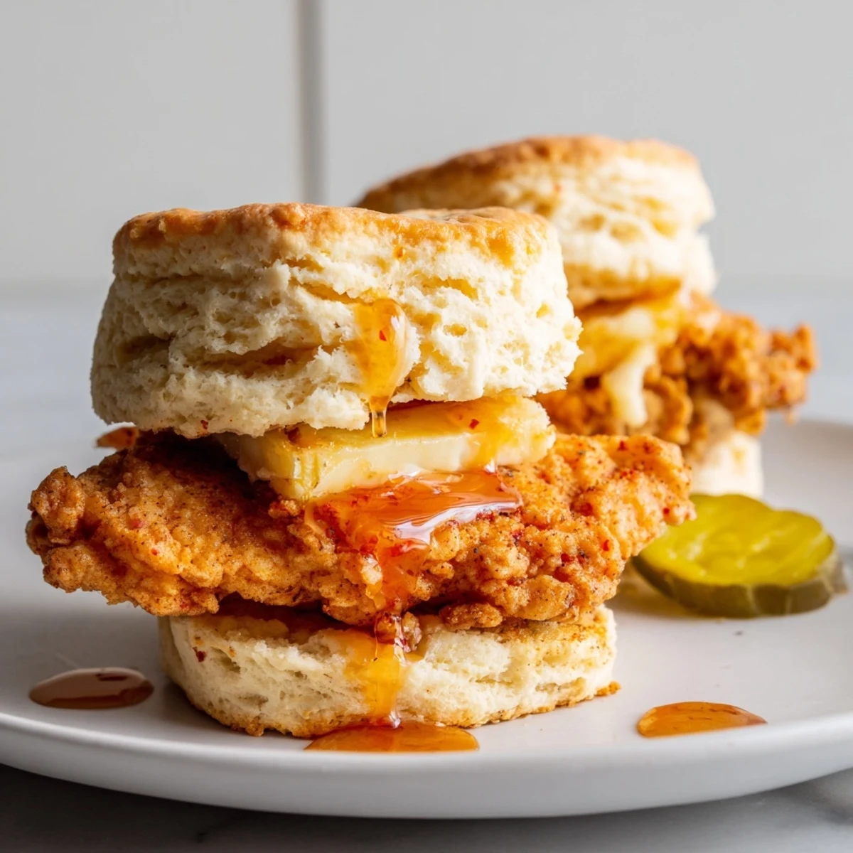 Warm Hot Honey Chicken Biscuits split open, flaky buttermilk layers and spicy glaze