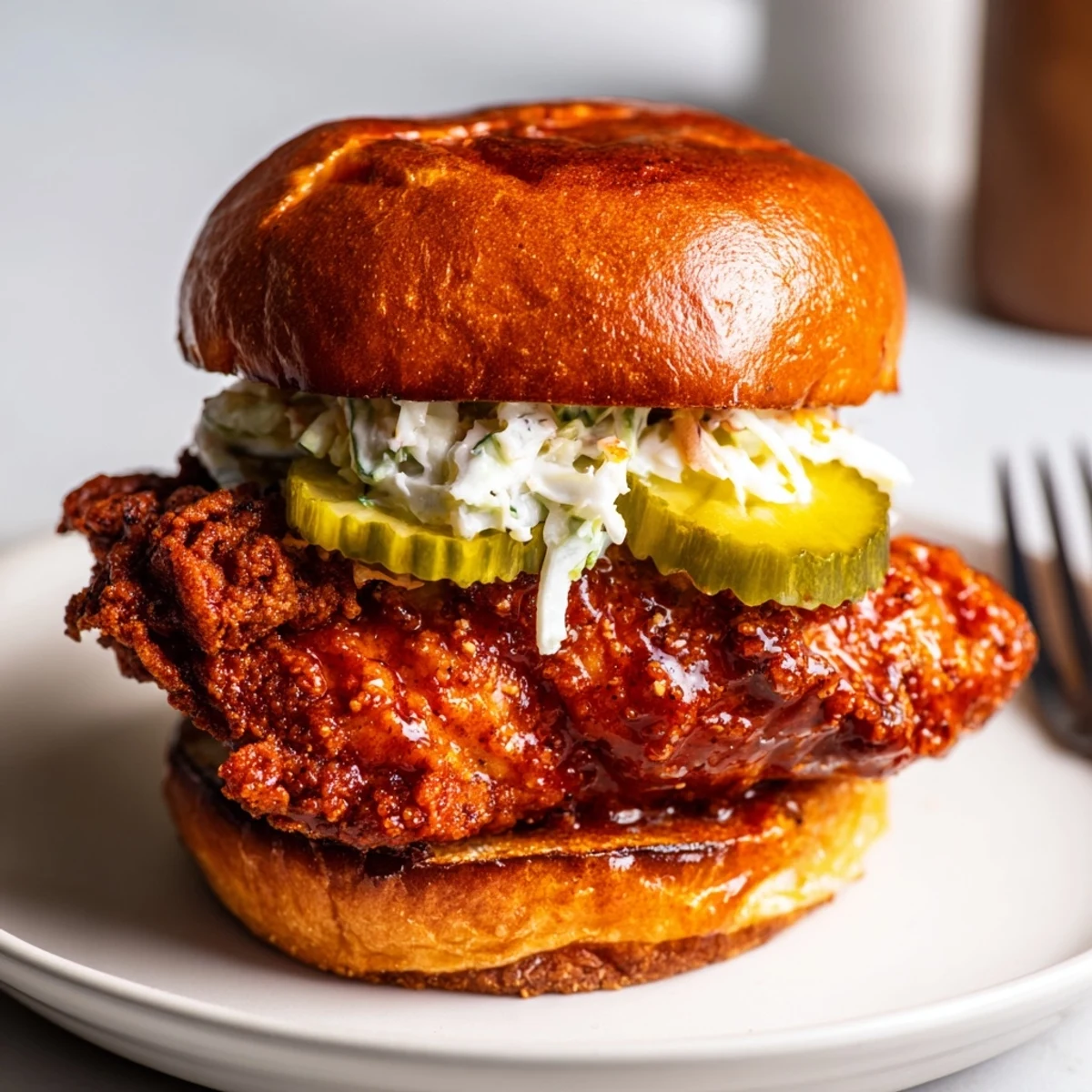 Spicy Nashville Hot Chicken Sandwiches piled on toasted brioche, pickles and crisp slaw